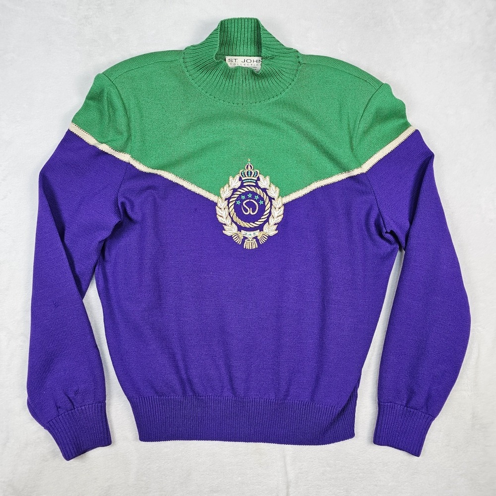 St. John Collection Marie Gray Mock Neck Embroidered Knit Sweater M Purple Green